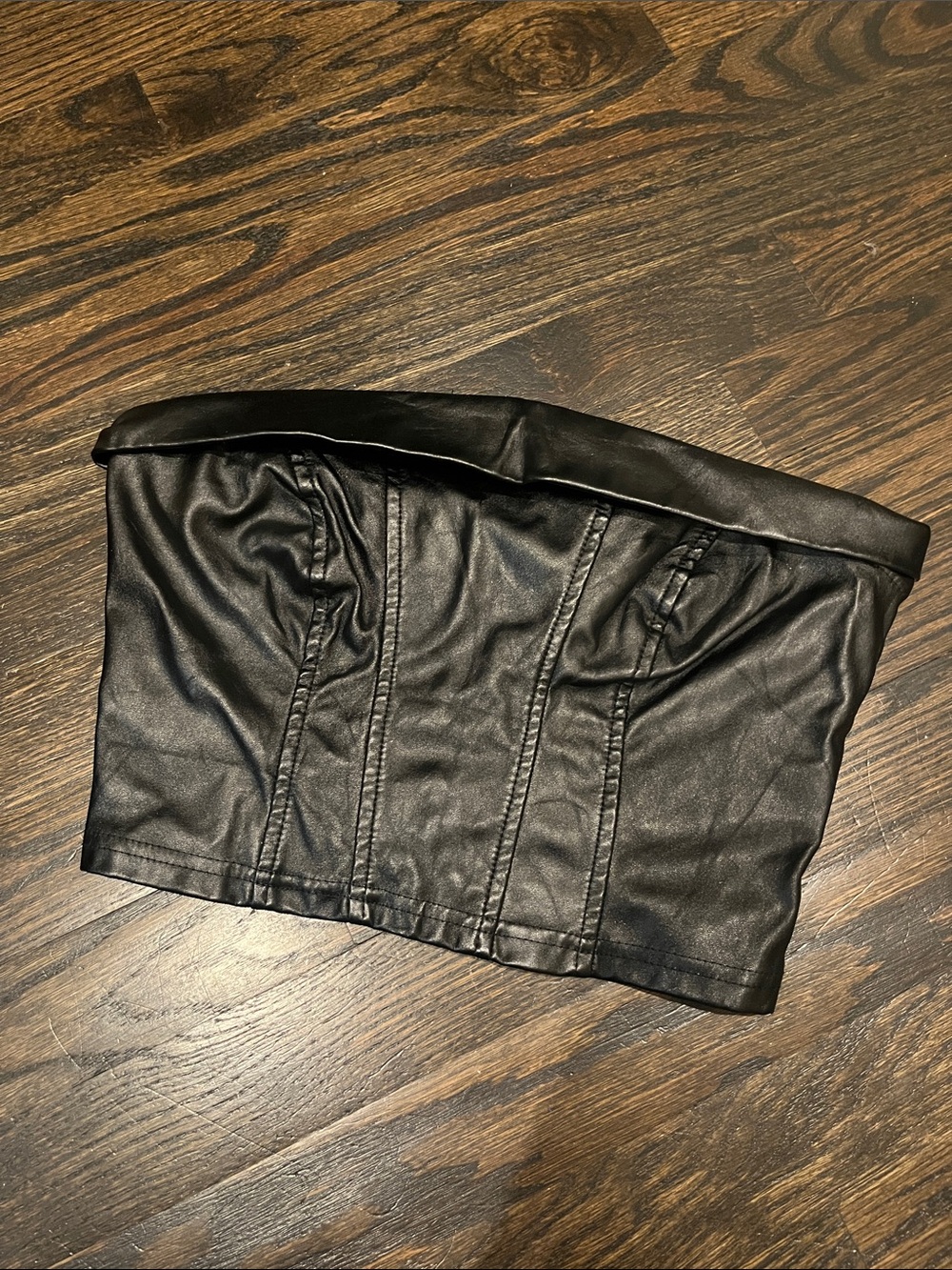 Black Faux Leather Strapless Bustier Top
